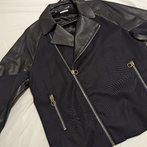 Paul Smith Wool and Lambskin Leather Moto Jacket, Cropped Navy and Black